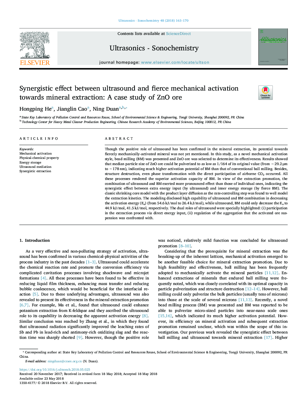 Synergistic effect between ultrasound and fierce mechanical activation towards mineral extraction: A case study of ZnO ore