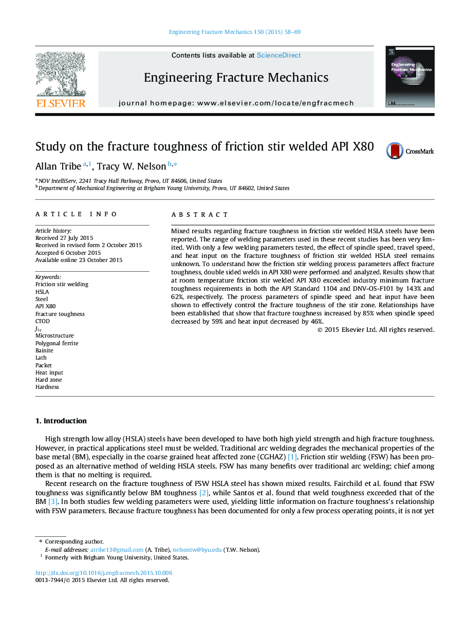 Study on the fracture toughness of friction stir welded API X80