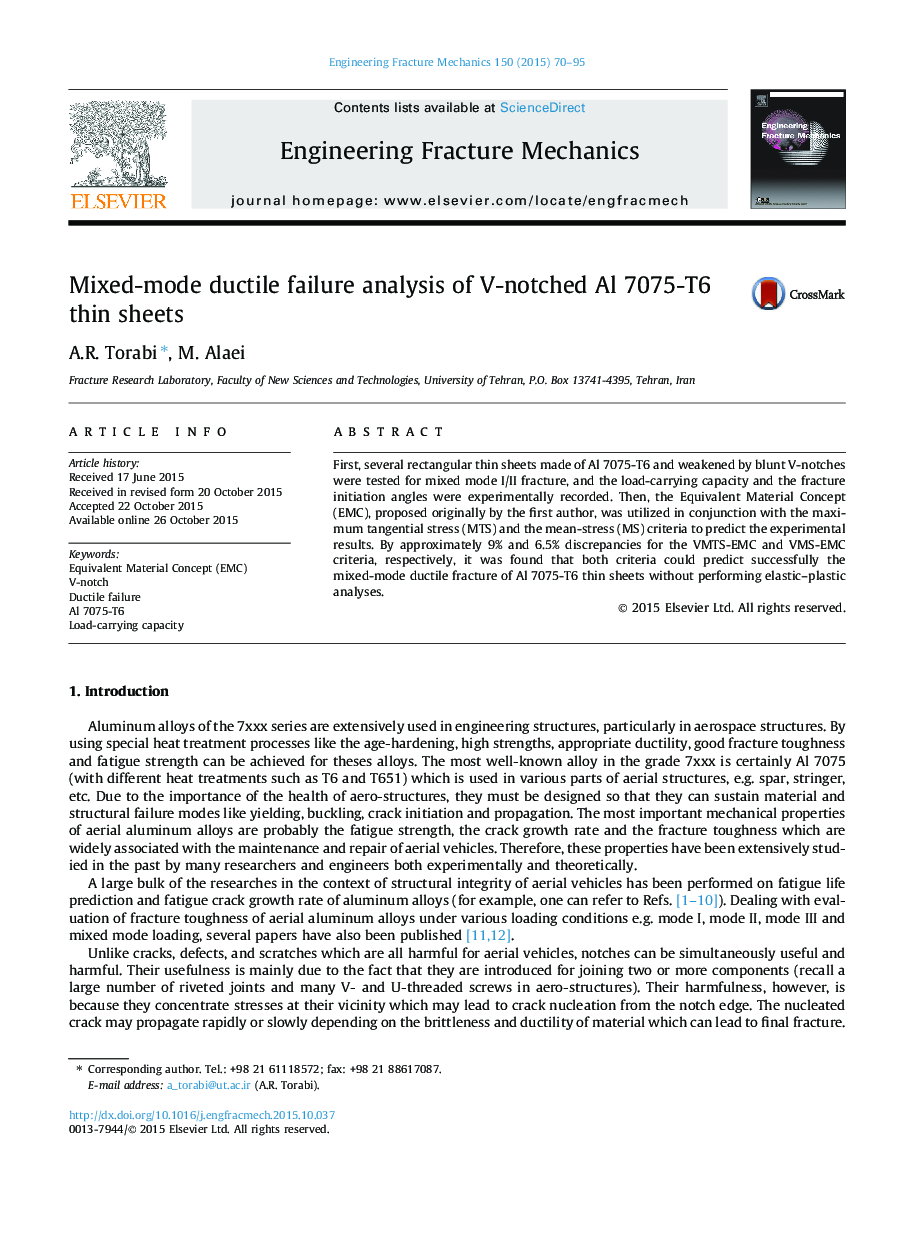 Mixed-mode ductile failure analysis of V-notched Al 7075-T6 thin sheets