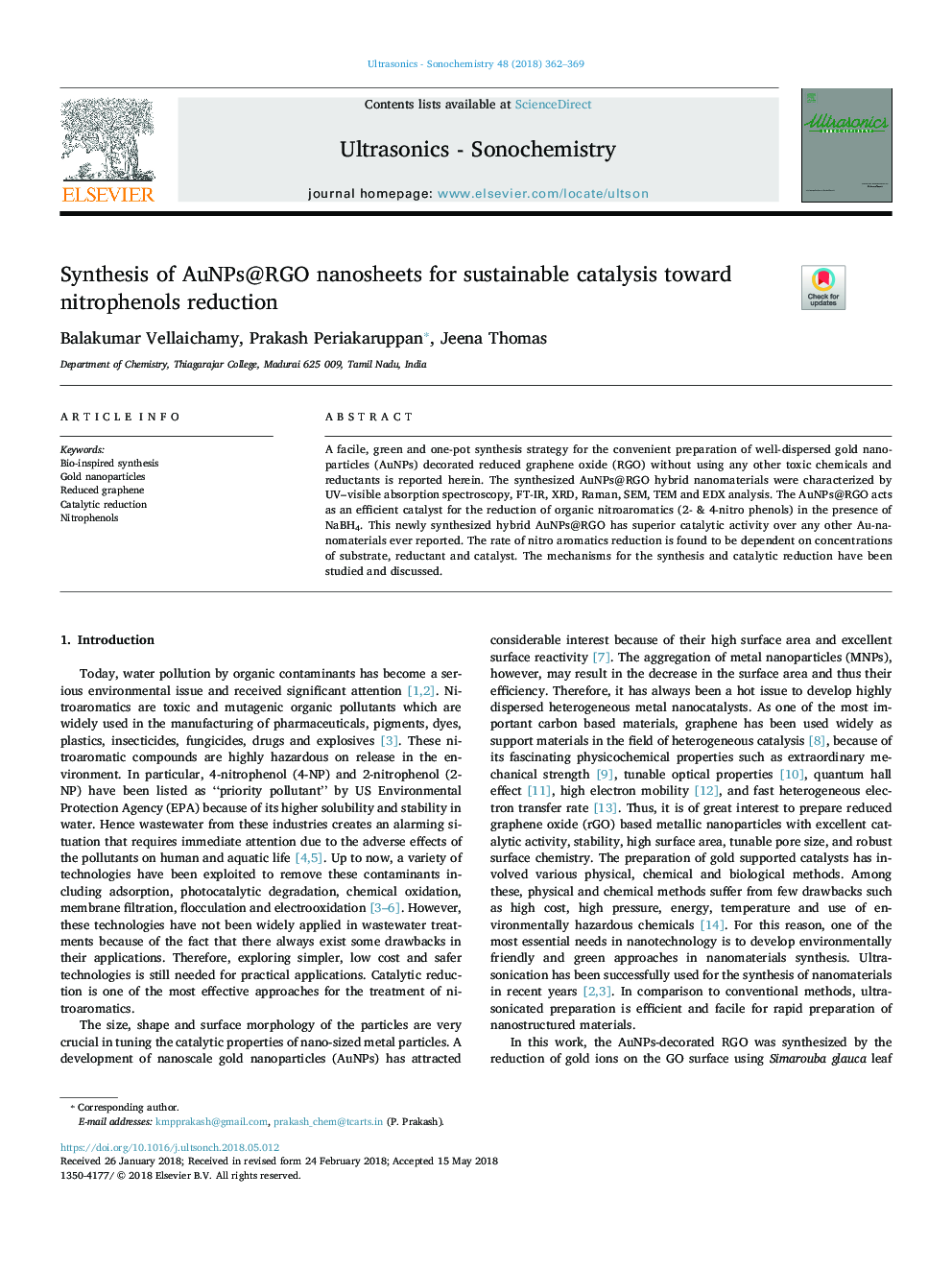 Synthesis of AuNPs@RGO nanosheets for sustainable catalysis toward nitrophenols reduction