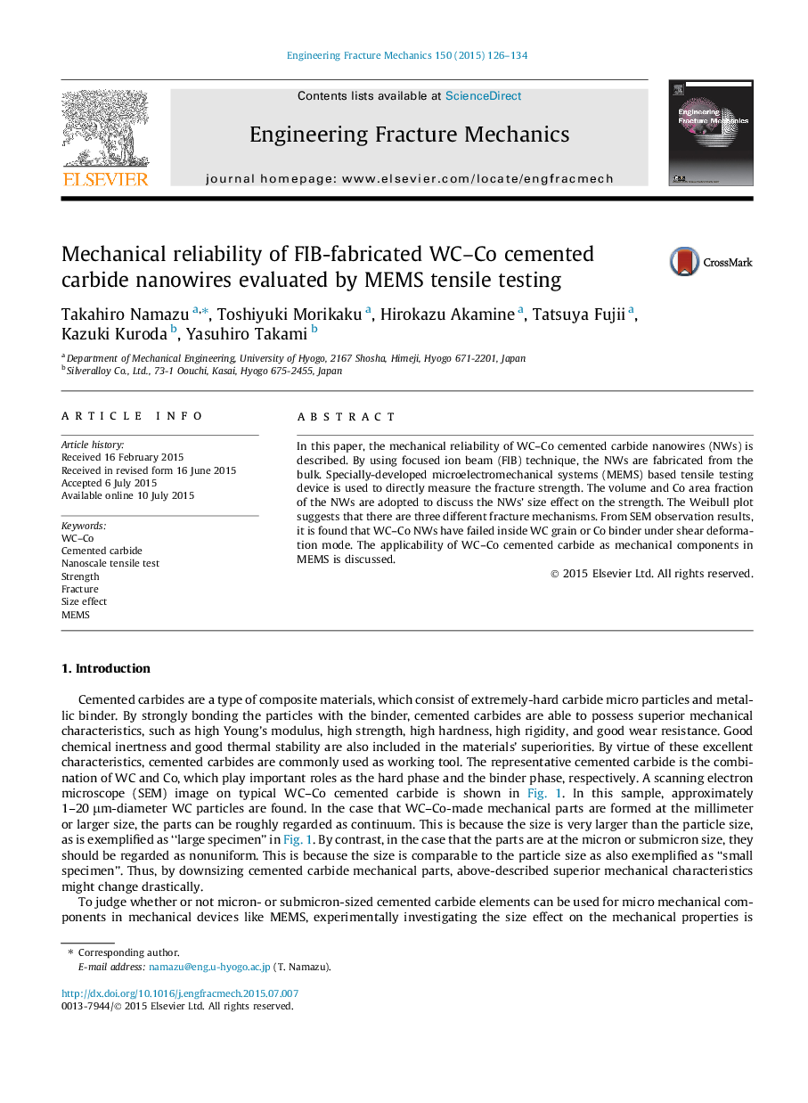 Mechanical reliability of FIB-fabricated WC–Co cemented carbide nanowires evaluated by MEMS tensile testing