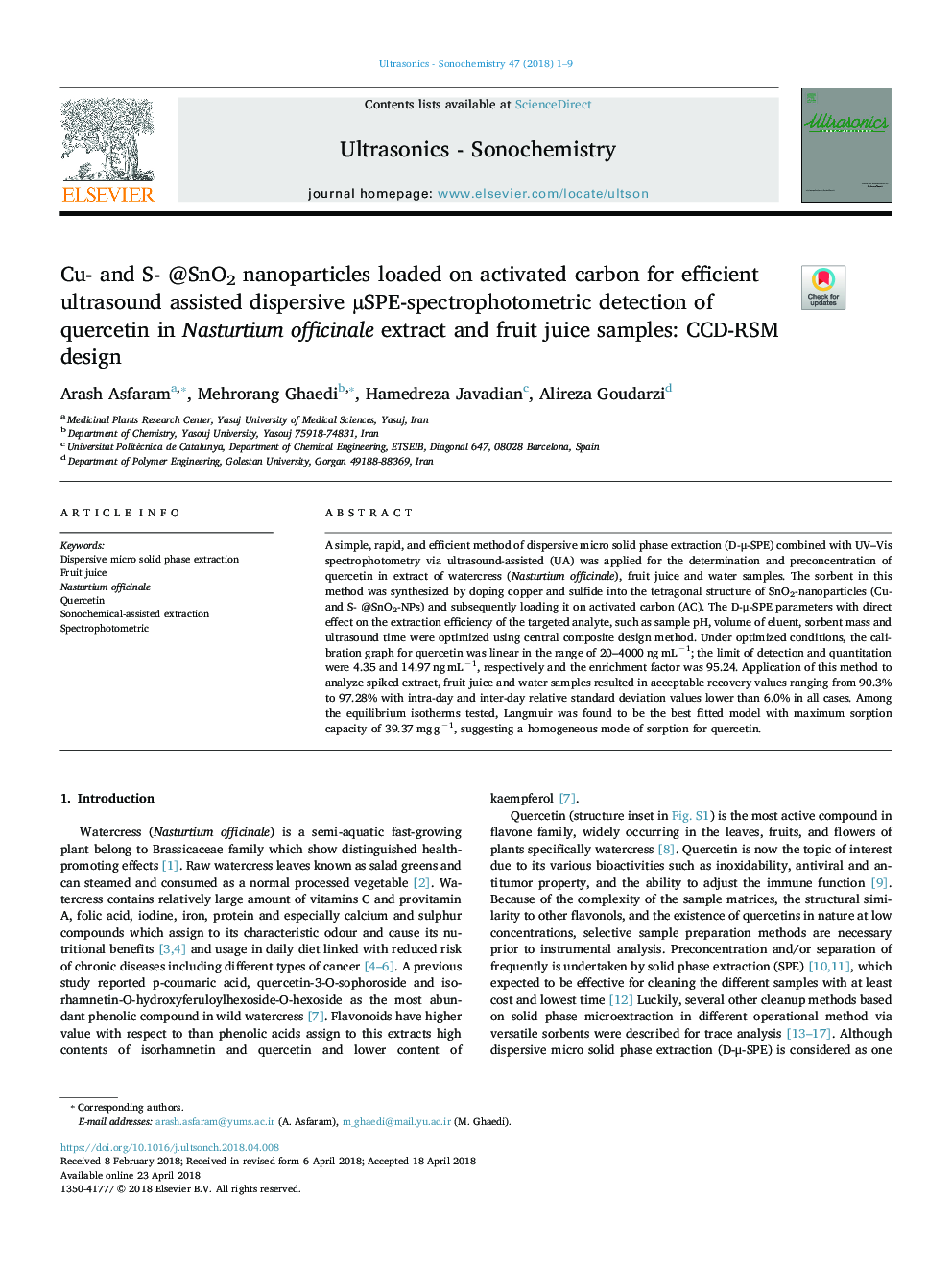 Cu- and S- @SnO2 nanoparticles loaded on activated carbon for efficient ultrasound assisted dispersive ÂµSPE-spectrophotometric detection of quercetin in Nasturtium officinale extract and fruit juice samples: CCD-RSM design