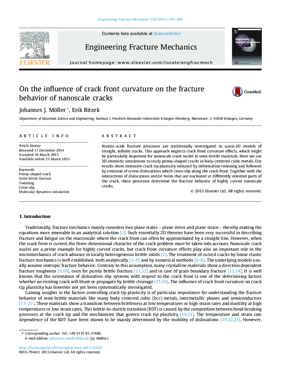 On the influence of crack front curvature on the fracture behavior of nanoscale cracks