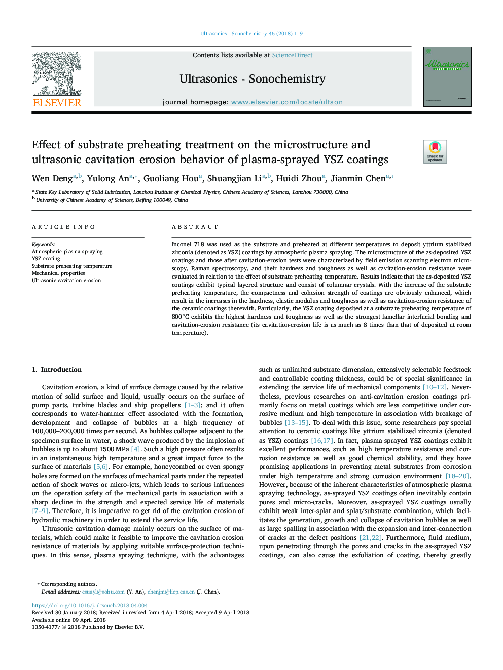 Effect of substrate preheating treatment on the microstructure and ultrasonic cavitation erosion behavior of plasma-sprayed YSZ coatings