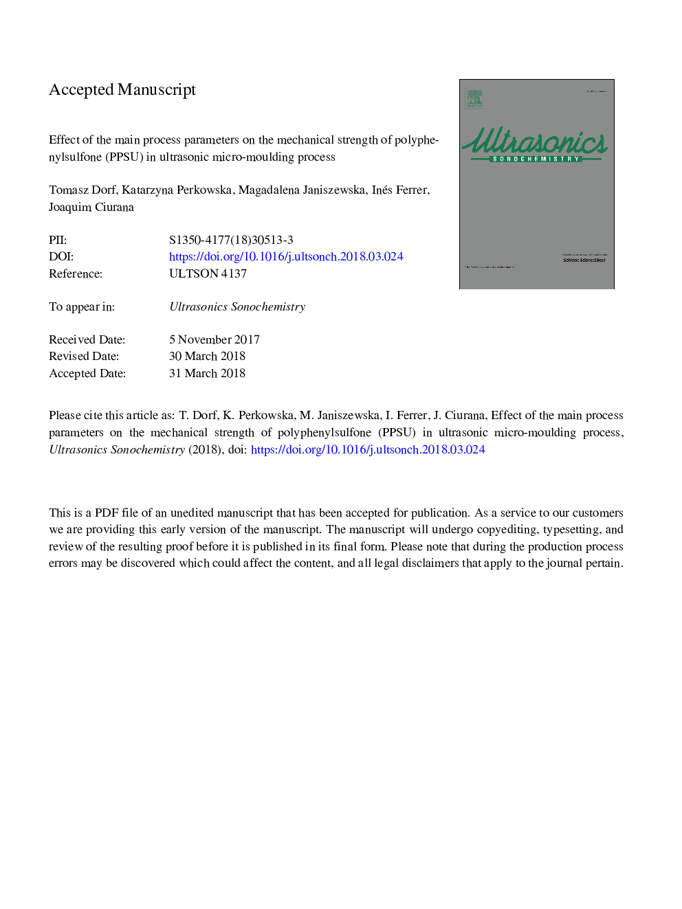 Effect of the main process parameters on the mechanical strength of polyphenylsulfone (PPSU) in ultrasonic micro-moulding process