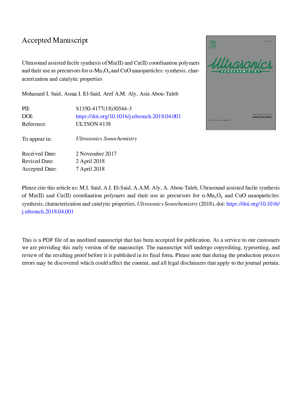 عکس صفحه اول مقاله: Ultrasound assisted facile synthesis of Mn(II) and Cu(II) coordination polymers and their use as precursors for α-Mn3O4 and CuO nanoparticles: Synthesis, characterization and catalytic properties Ultrasound assisted facile synthesis of Mn(II) and Cu(II) coordination polymers and their use as precursors for α-Mn3O4 and CuO nanoparticles: Synthesis, characterization and catalytic properties