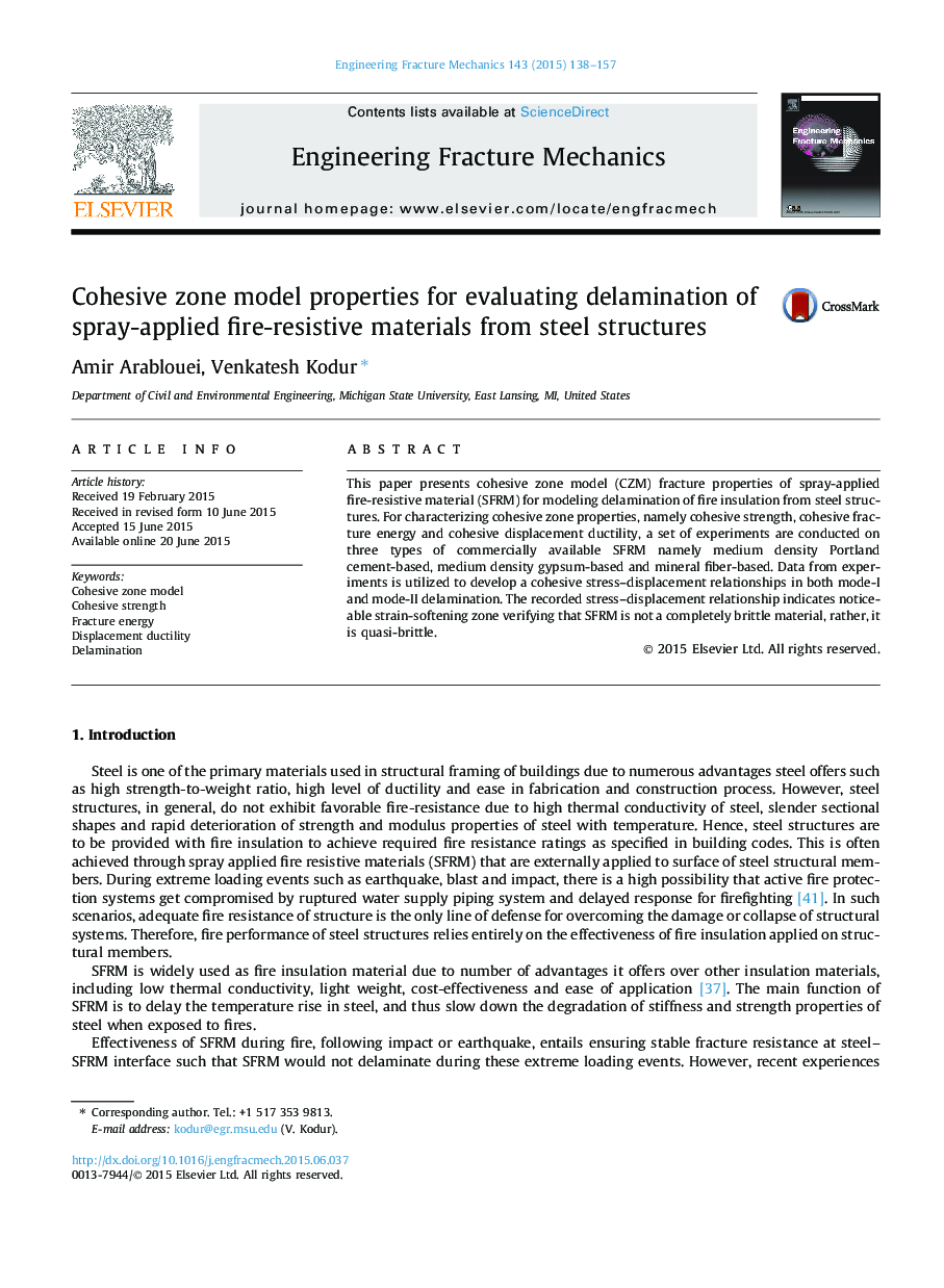 Cohesive zone model properties for evaluating delamination of spray-applied fire-resistive materials from steel structures