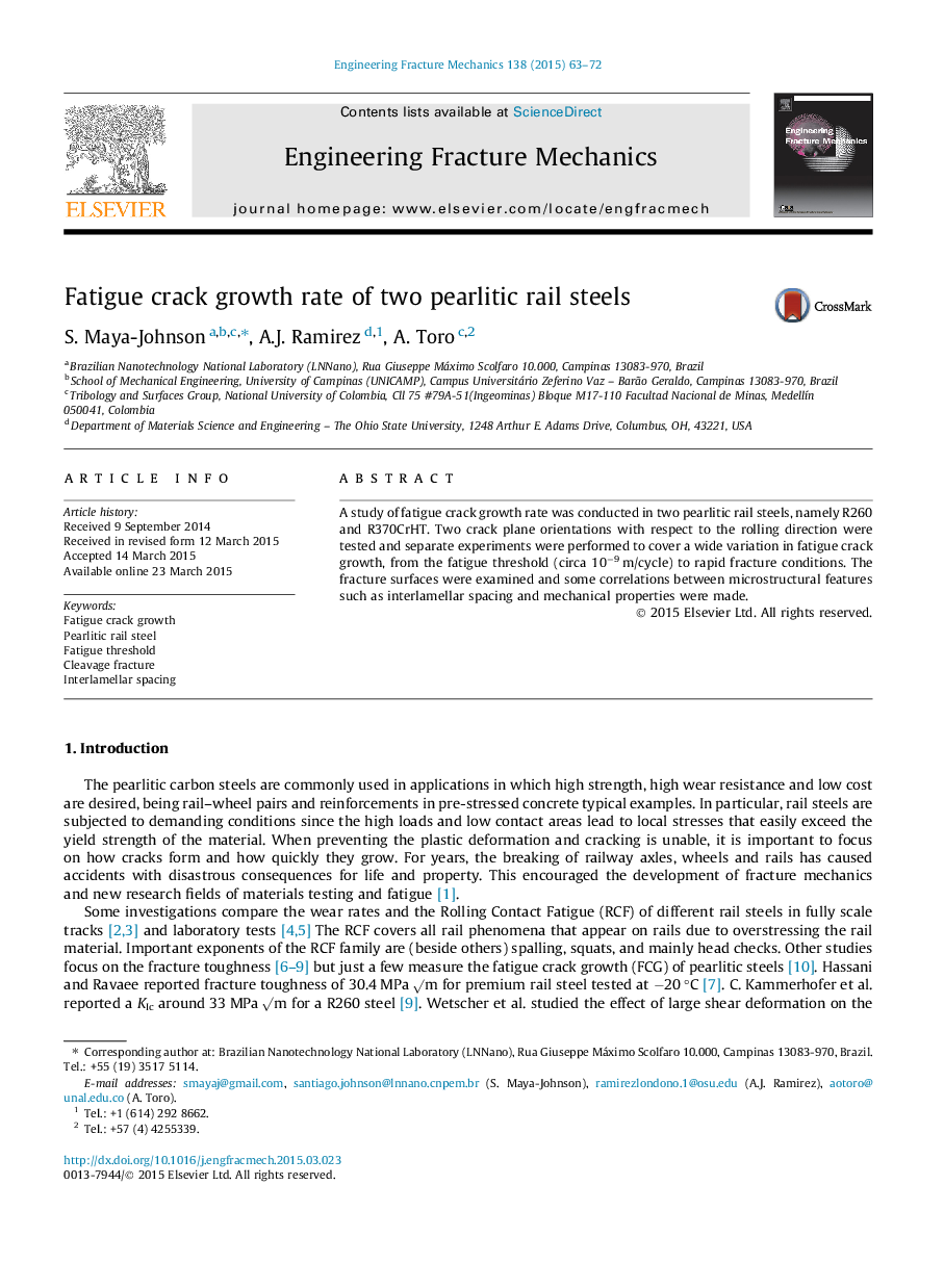 Fatigue crack growth rate of two pearlitic rail steels