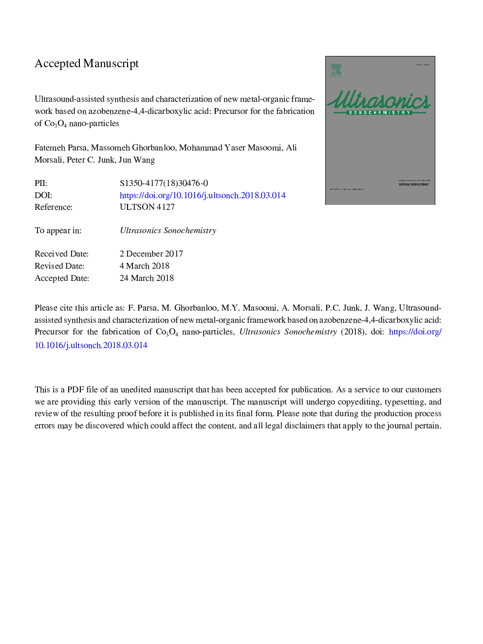عکس صفحه اول مقاله: Ultrasound-assisted synthesis and characterization of a new metal-organic framework based on azobenzene-4,4-dicarboxylic acid: Precursor for the fabrication of Co3O4 nano-particles Ultrasound-assisted synthesis and characterization of a new metal-organic framework based on azobenzene-4,4-dicarboxylic acid: Precursor for the fabrication of Co3O4 nano-particles