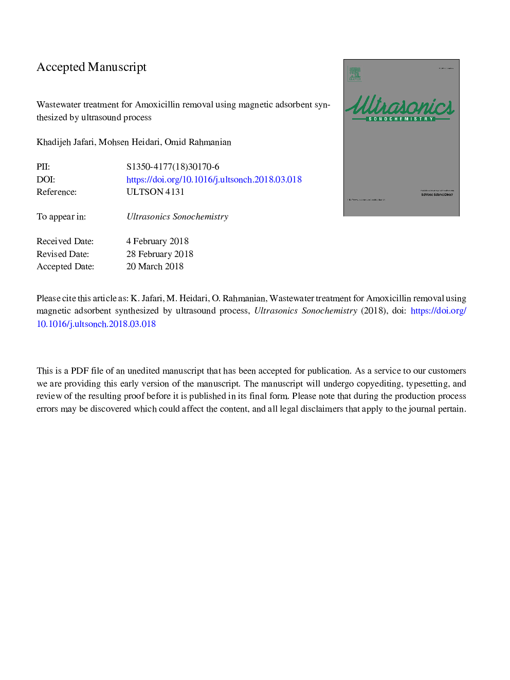 Wastewater treatment for Amoxicillin removal using magnetic adsorbent synthesized by ultrasound process