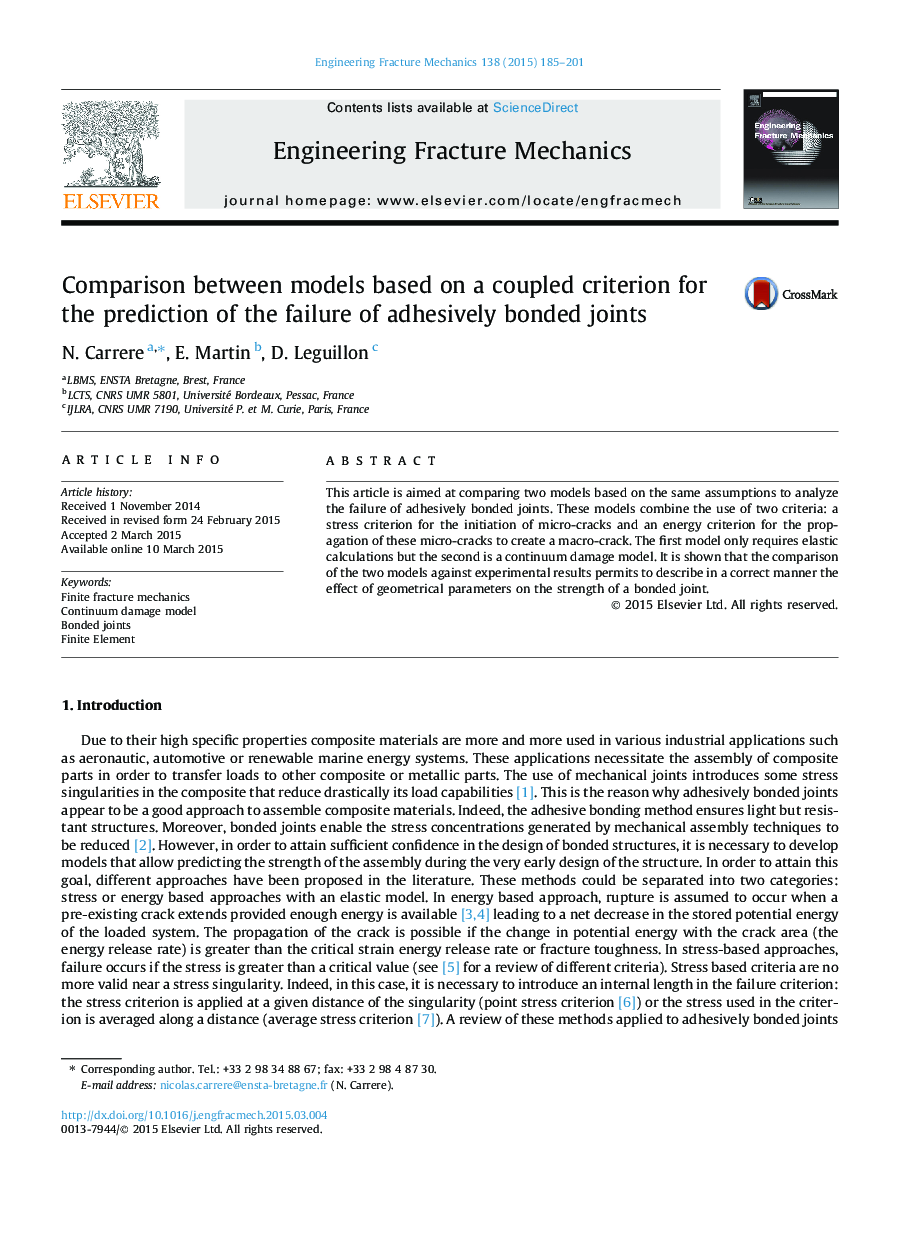 Comparison between models based on a coupled criterion for the prediction of the failure of adhesively bonded joints