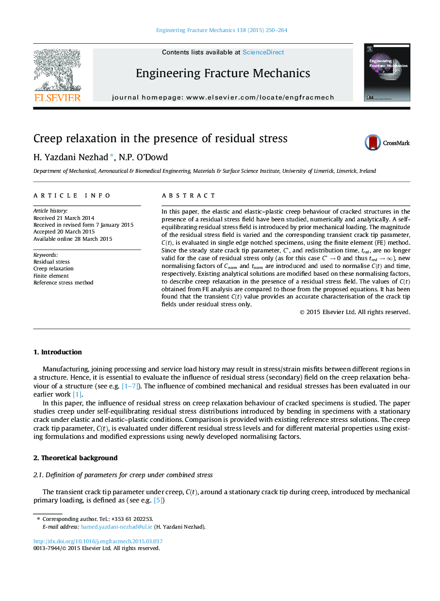 Creep relaxation in the presence of residual stress