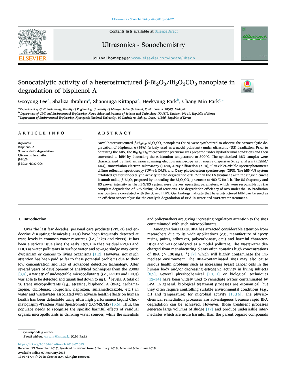 Sonocatalytic activity of a heterostructured Î²-Bi2O3/Bi2O2CO3 nanoplate in degradation of bisphenol A