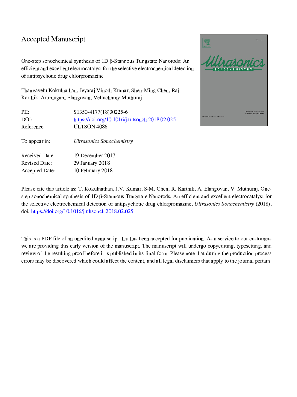 One-step sonochemical synthesis of 1D Î²-stannous tungstate nanorods: An efficient and excellent electrocatalyst for the selective electrochemical detection of antipsychotic drug chlorpromazine