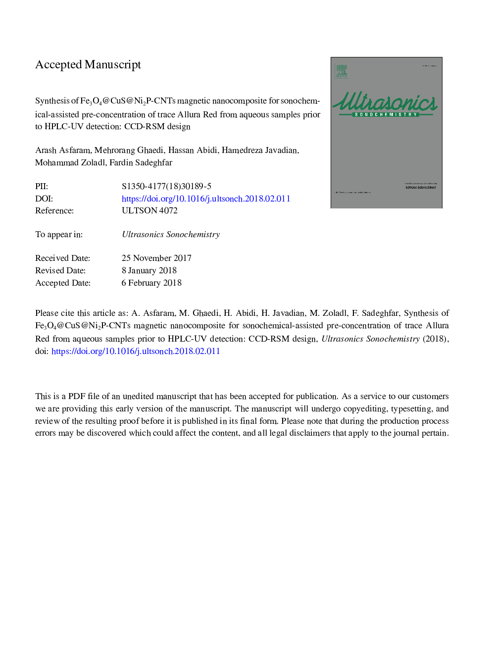 Synthesis of Fe3O4@CuS@Ni2P-CNTs magnetic nanocomposite for sonochemical-assisted sorption and pre-concentration of trace Allura Red from aqueous samples prior to HPLC-UV detection: CCD-RSM design