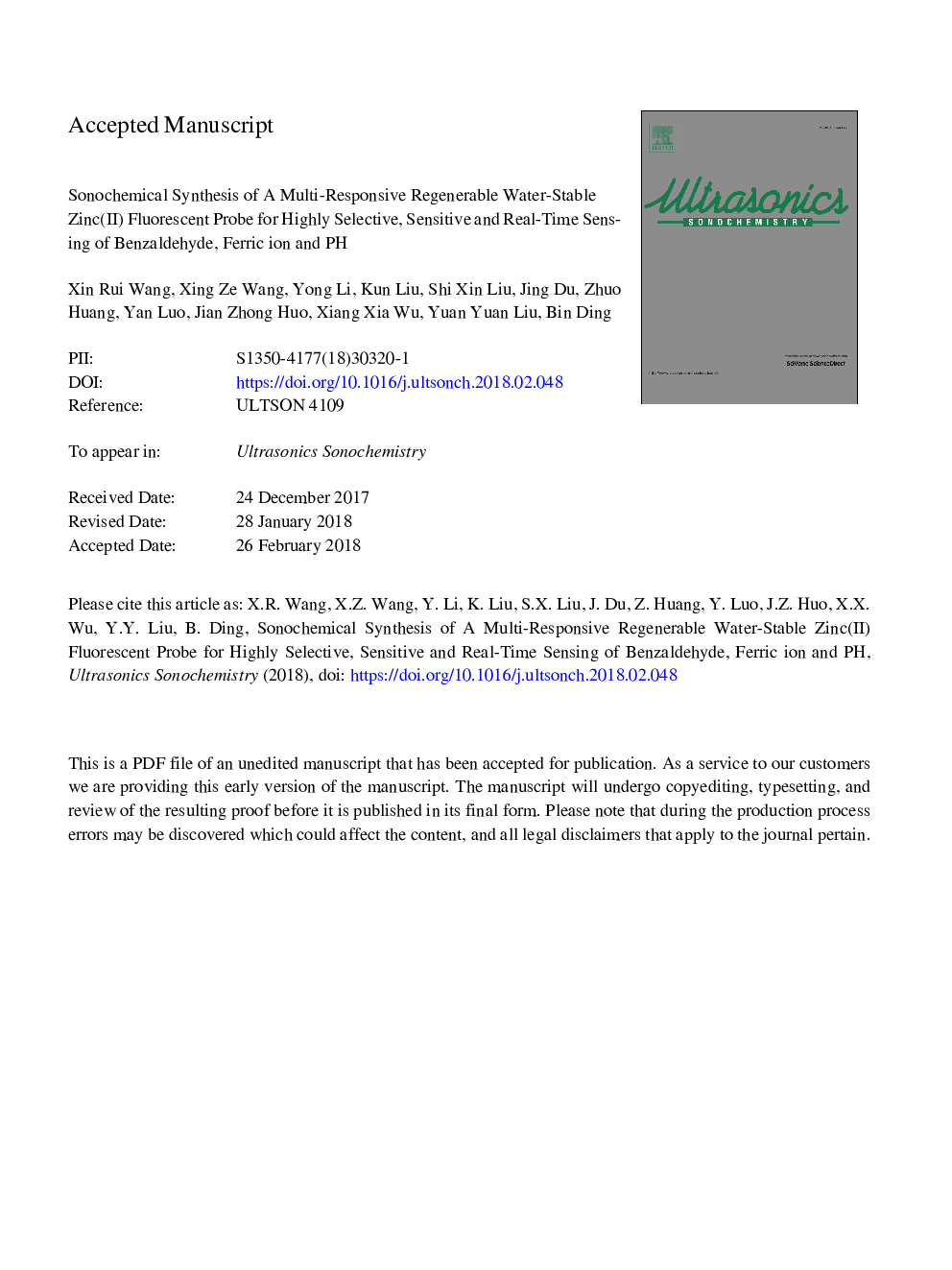 Sonochemical synthesis of a multi-responsive regenerable water-stable zinc(II) fluorescent probe for highly selective, sensitive and real-time sensing of benzaldehyde, ferric ion and PH