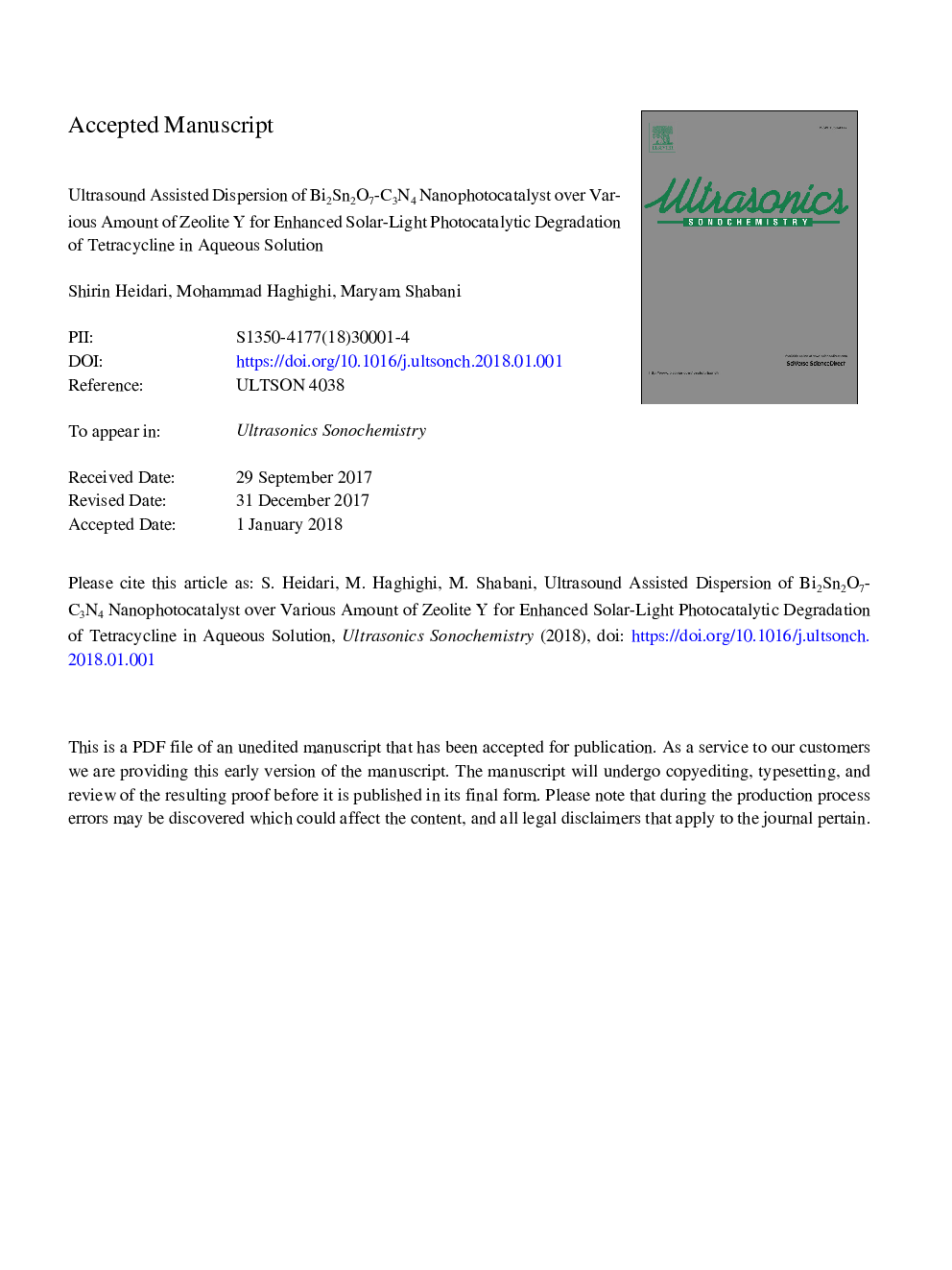 Ultrasound assisted dispersion of Bi2Sn2O7-C3N4 nanophotocatalyst over various amount of zeolite Y for enhanced solar-light photocatalytic degradation of tetracycline in aqueous solution