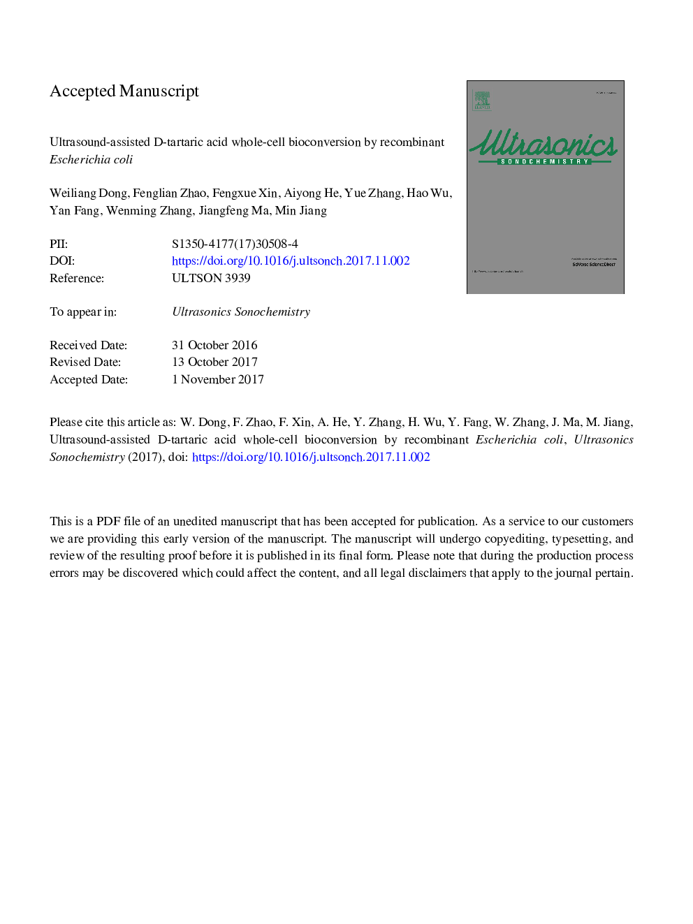 Ultrasound-assisted d-tartaric acid whole-cell bioconversion by recombinant Escherichia coli