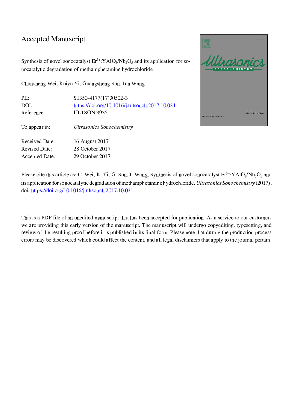 Synthesis of novel sonocatalyst Er3+:YAlO3/Nb2O5 and its application for sonocatalytic degradation of methamphetamine hydrochloride