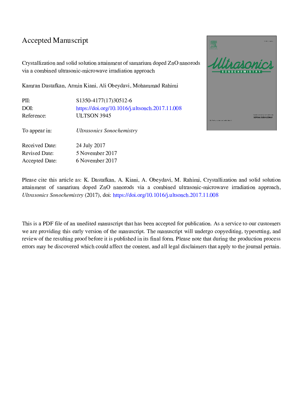 عکس صفحه اول مقاله: Crystallization and solid solution attainment of samarium doped ZnO nanorods via a combined ultrasonic-microwave irradiation approach Crystallization and solid solution attainment of samarium doped ZnO nanorods via a combined ultrasonic-microwave irradiation approach