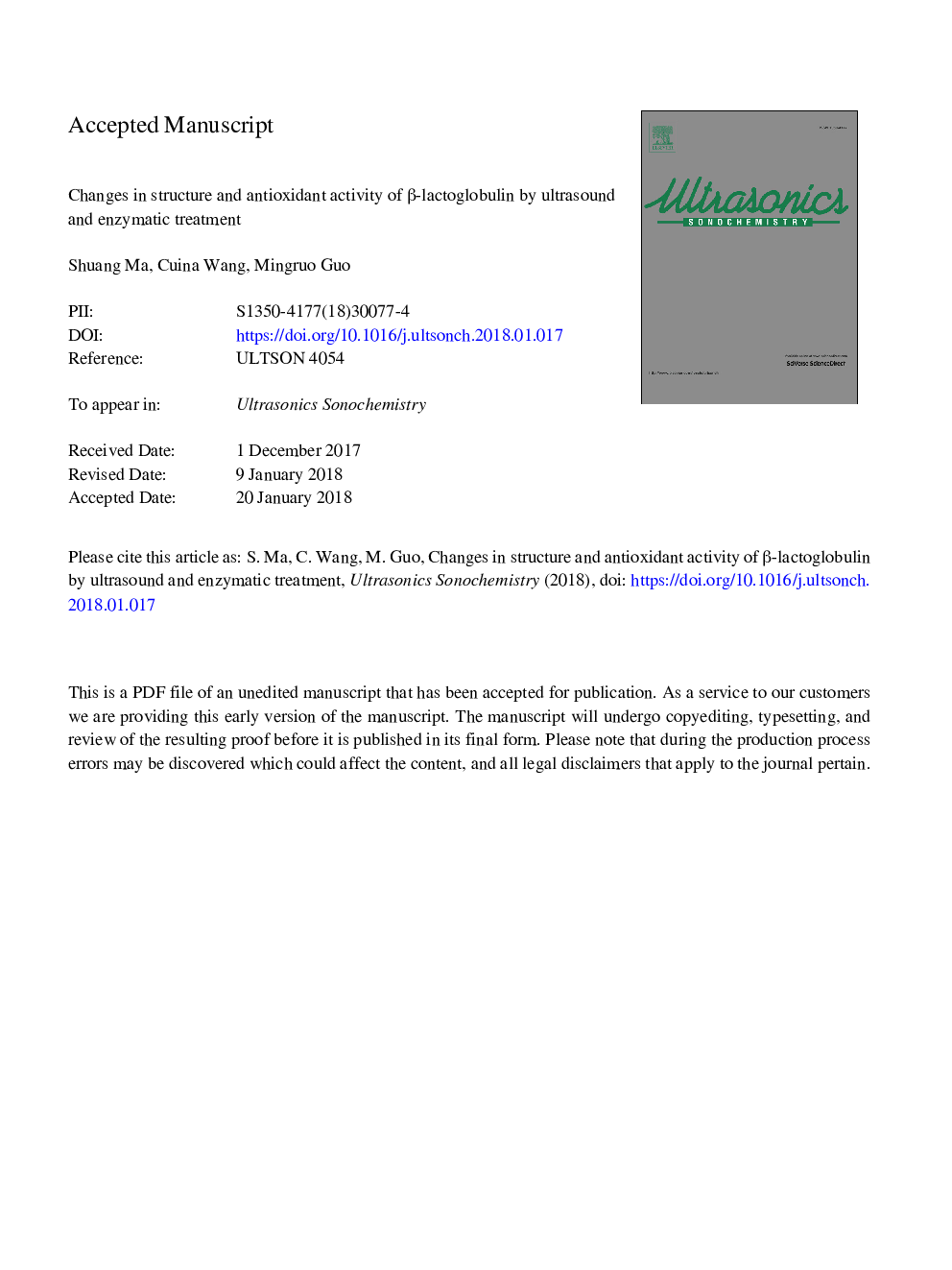 عکس صفحه اول مقاله: Changes in structure and antioxidant activity of β-lactoglobulin by ultrasound and enzymatic treatment Changes in structure and antioxidant activity of β-lactoglobulin by ultrasound and enzymatic treatment
