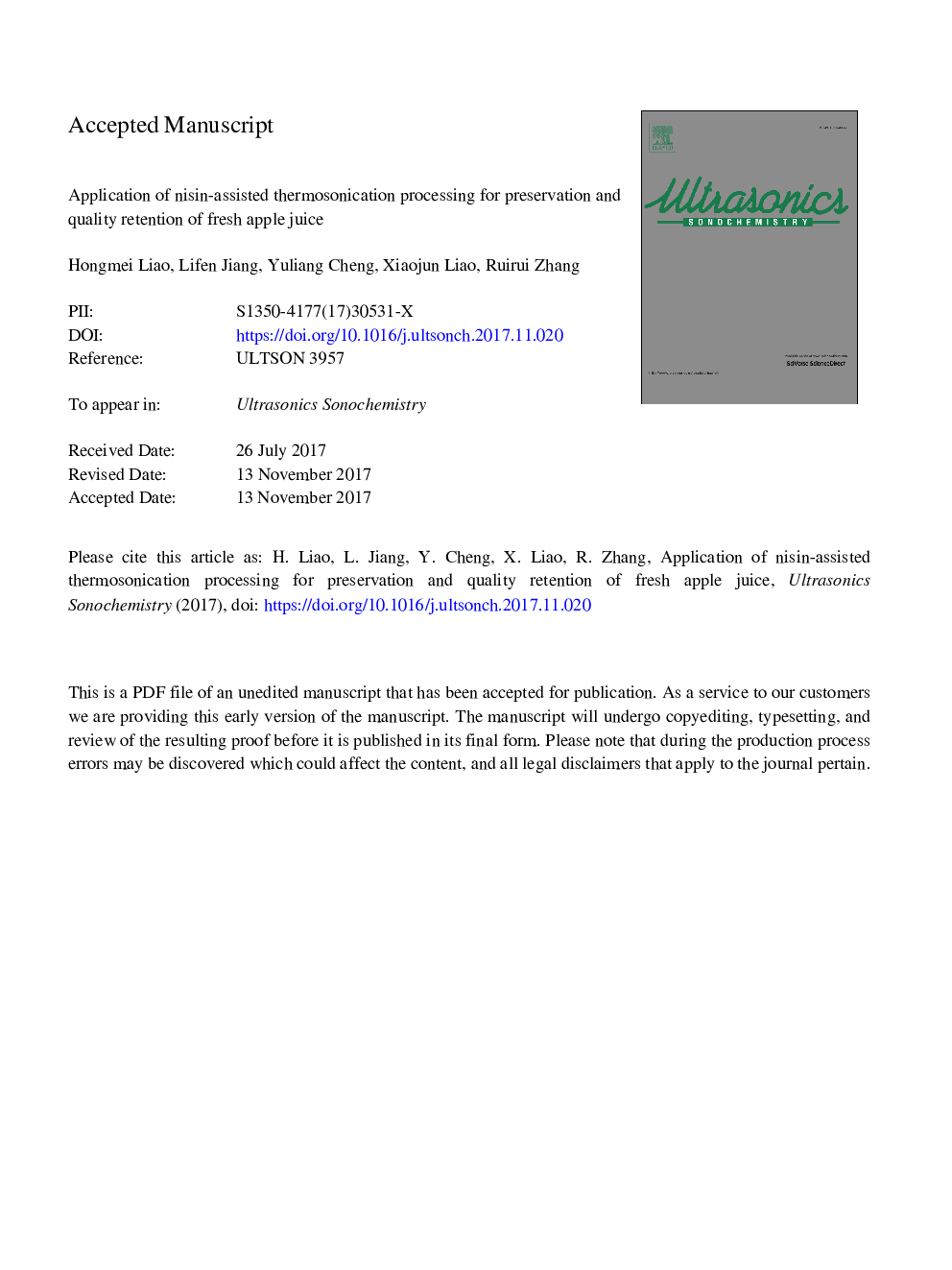 Application of nisin-assisted thermosonication processing for preservation and quality retention of fresh apple juice