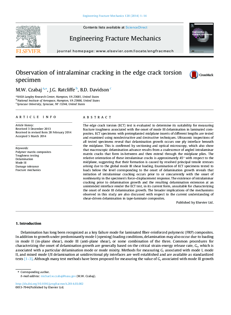 Observation of intralaminar cracking in the edge crack torsion specimen