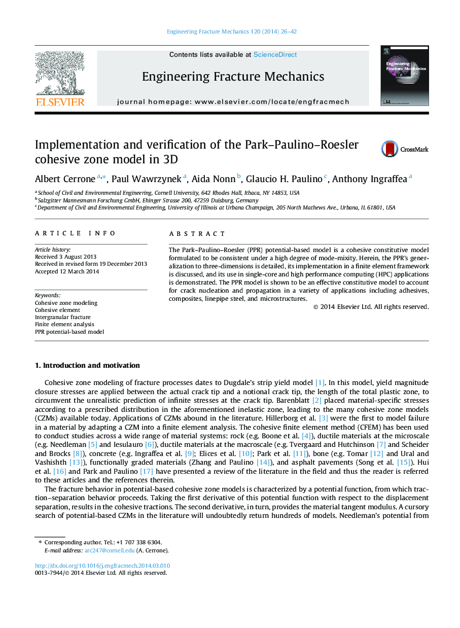 Implementation and verification of the Park–Paulino–Roesler cohesive zone model in 3D