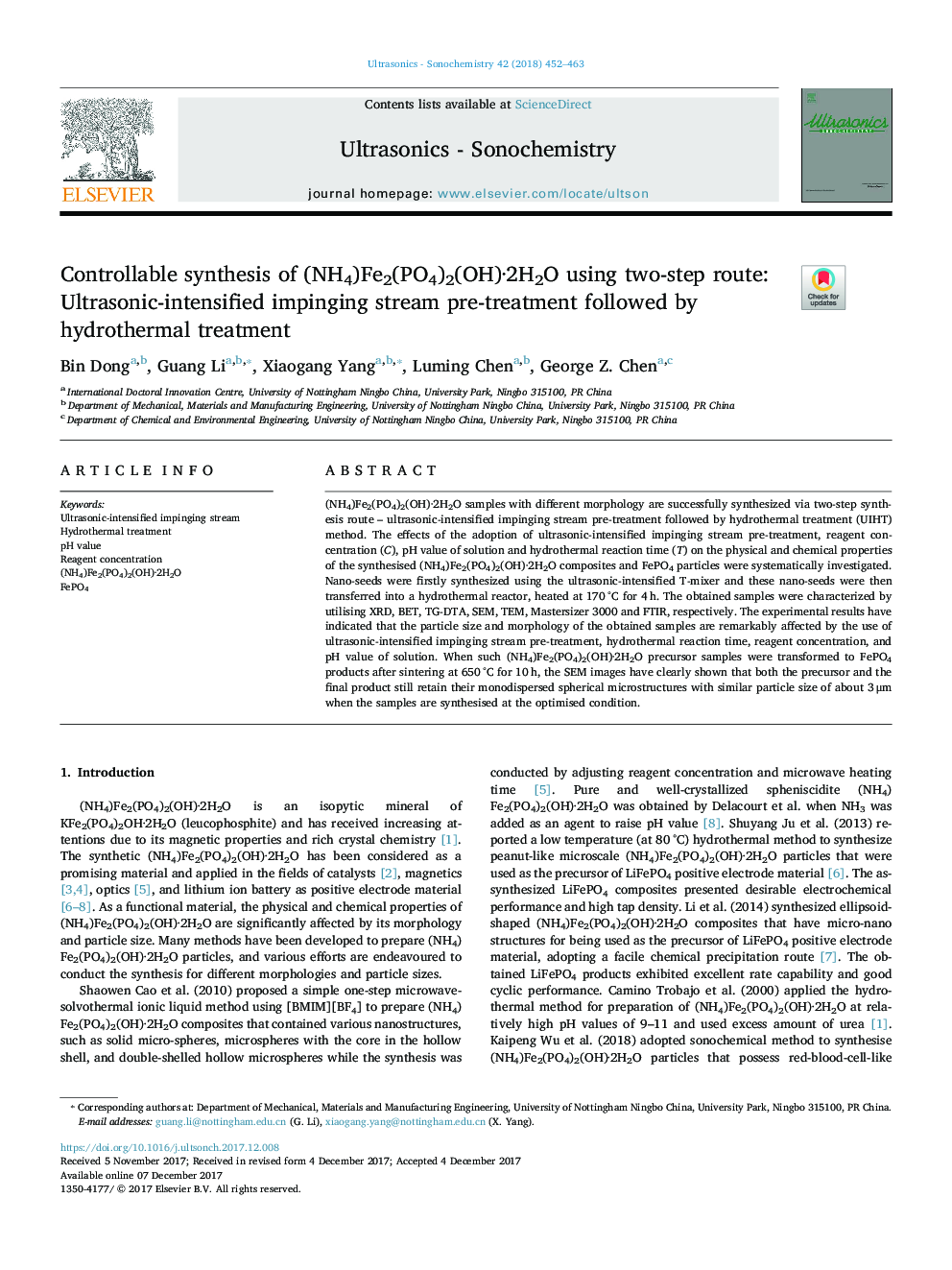 Controllable synthesis of (NH4)Fe2(PO4)2(OH)Â·2H2O using two-step route: Ultrasonic-intensified impinging stream pre-treatment followed by hydrothermal treatment