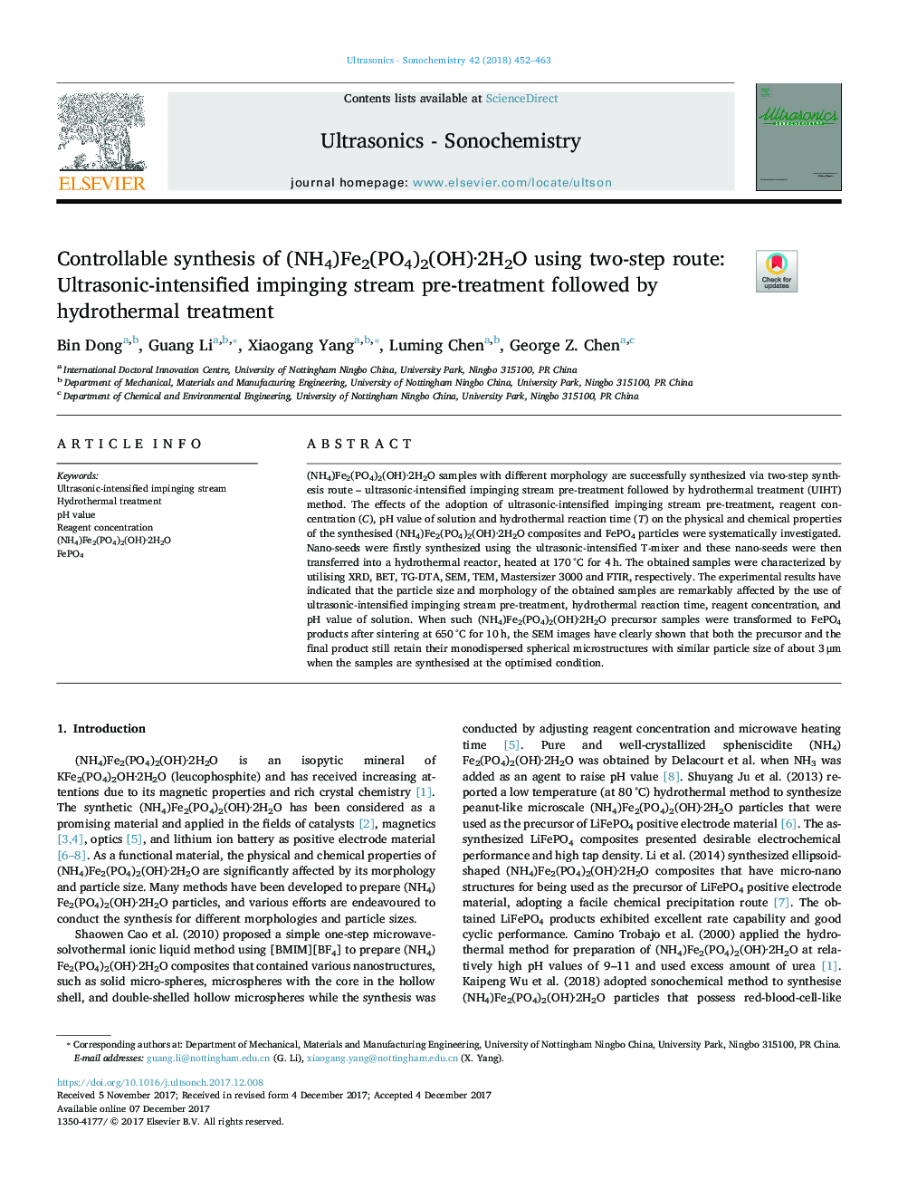 عکس صفحه اول مقاله: Controllable synthesis of (NH4)Fe2(PO4)2(OH)·2H2O using two-step route: Ultrasonic-intensified impinging stream pre-treatment followed by hydrothermal treatment Controllable synthesis of (NH4)Fe2(PO4)2(OH)·2H2O using two-step route: Ultrasonic-intensified impinging stream pre-treatment followed by hydrothermal treatment