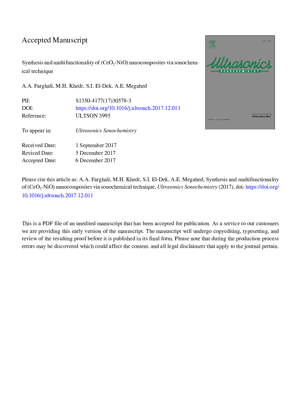 عکس صفحه اول مقاله: Synthesis and multifunctionality of (CeO2-NiO) nanocomposites synthesized via sonochemical technique Synthesis and multifunctionality of (CeO2-NiO) nanocomposites synthesized via sonochemical technique