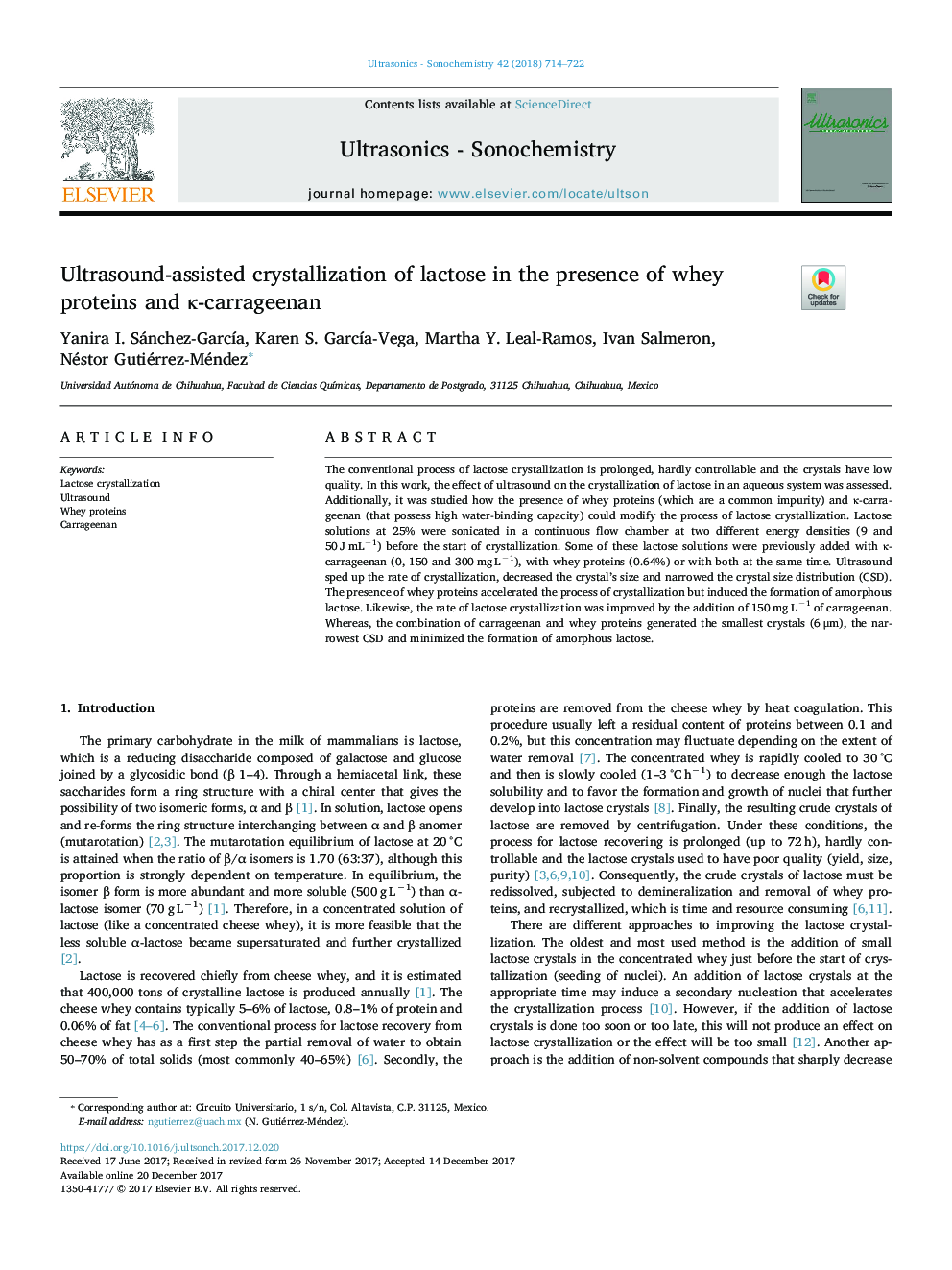 عکس صفحه اول مقاله: Ultrasound-assisted crystallization of lactose in the presence of whey proteins and κ-carrageenan Ultrasound-assisted crystallization of lactose in the presence of whey proteins and κ-carrageenan
