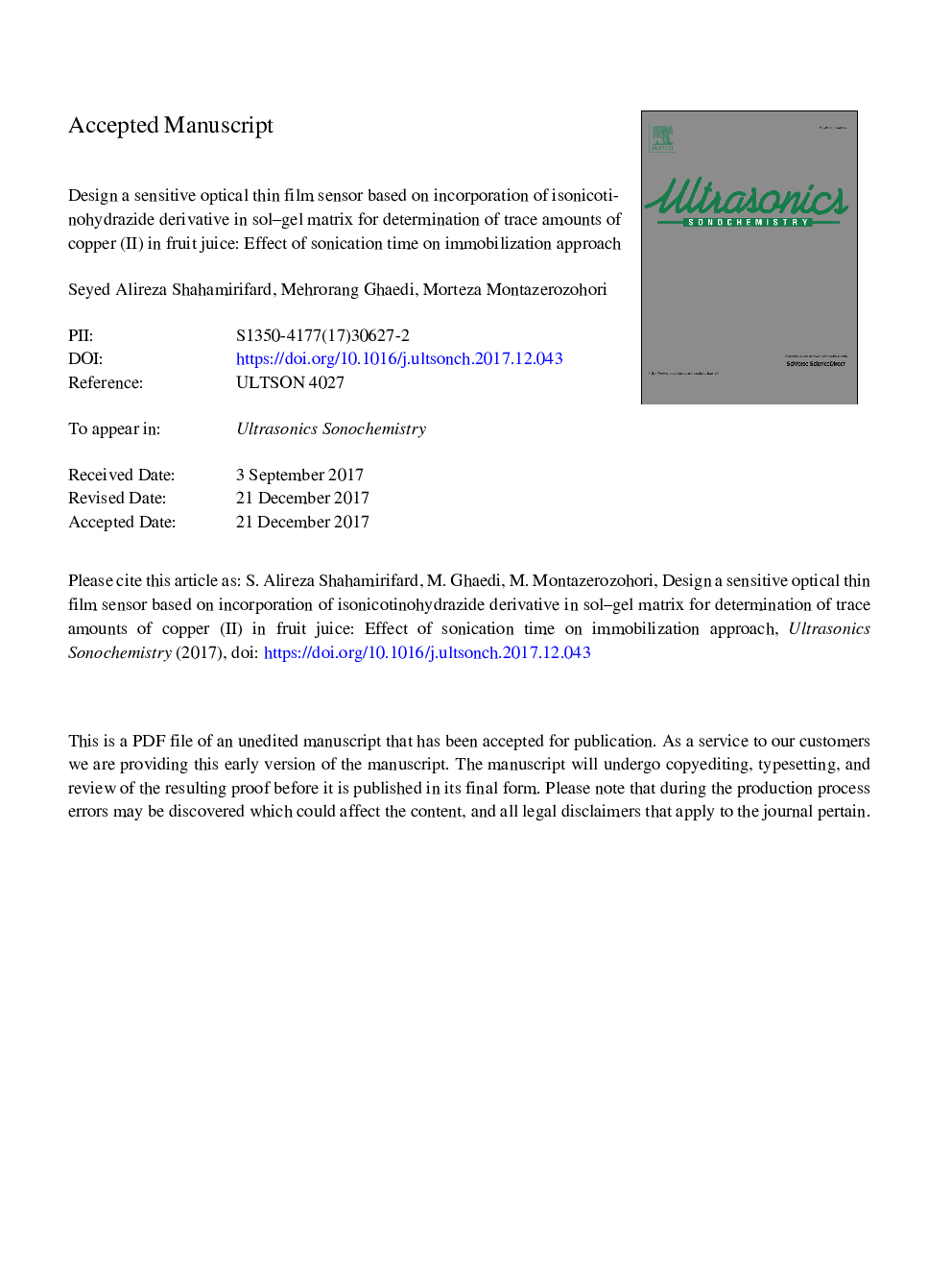 Design a sensitive optical thin film sensor based on incorporation of isonicotinohydrazide derivative in sol-gel matrix for determination of trace amounts of copper (II) in fruit juice: Effect of sonication time on immobilization approach