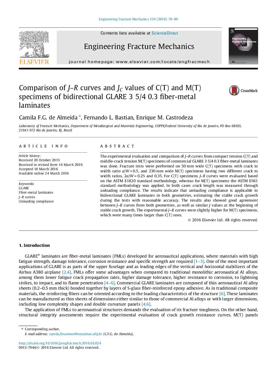 Comparison of J–R curves and JC values of C(T) and M(T) specimens of bidirectional GLARE 3 5/4 0.3 fiber-metal laminates