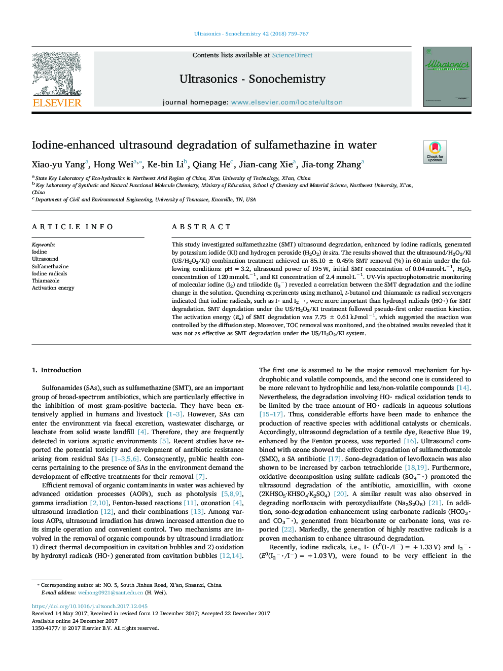 Iodine-enhanced ultrasound degradation of sulfamethazine in water