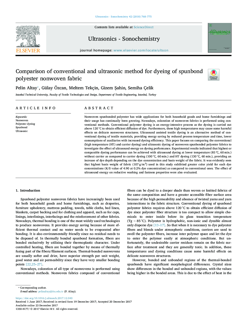 Comparison of conventional and ultrasonic method for dyeing of spunbond polyester nonwoven fabric