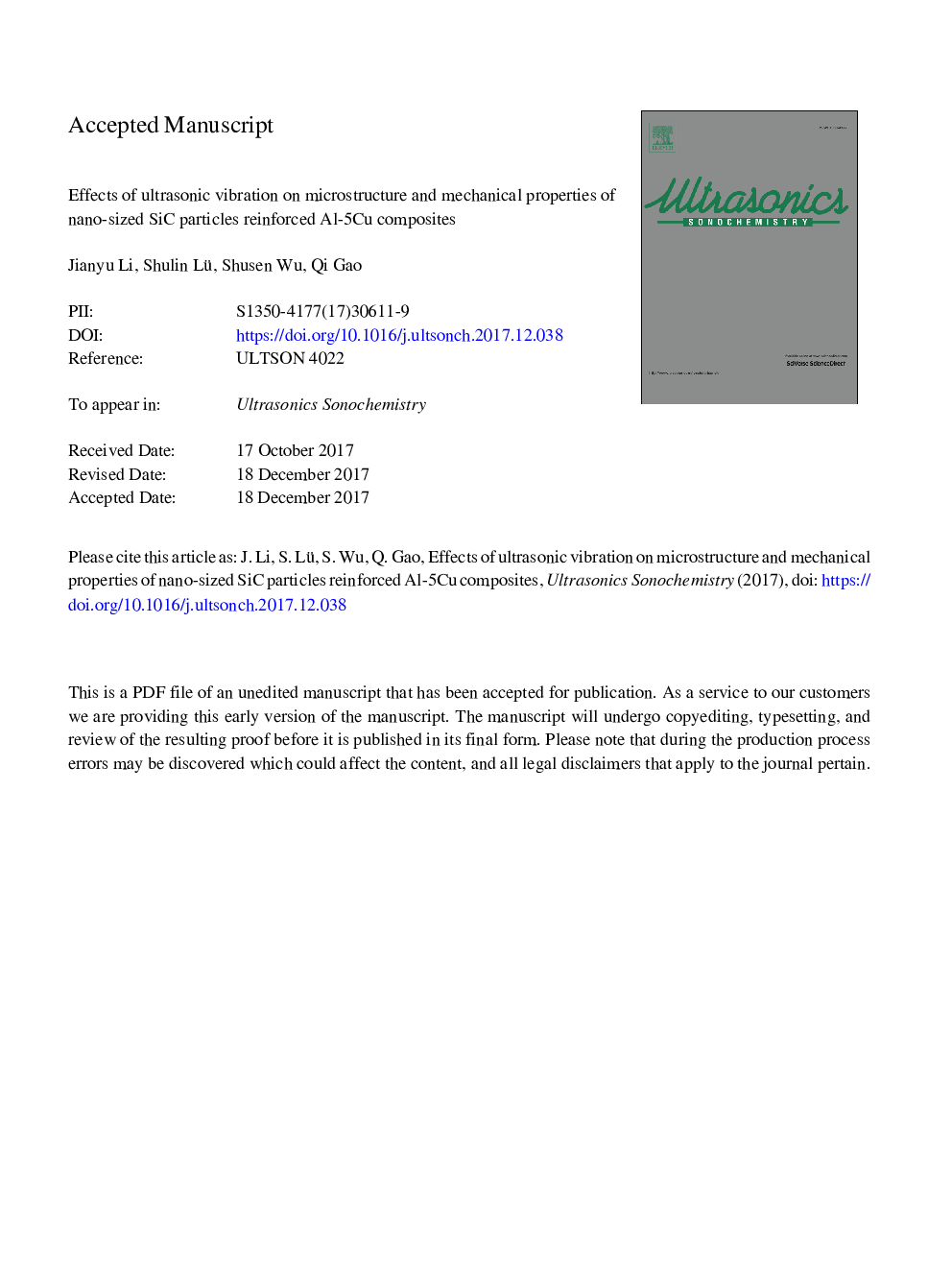 Effects of ultrasonic vibration on microstructure and mechanical properties of nano-sized SiC particles reinforced Al-5Cu composites