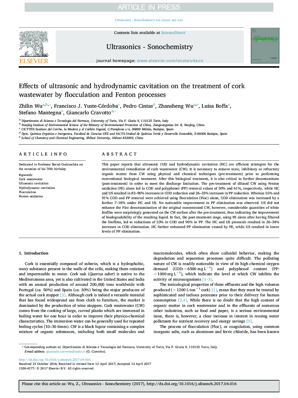 Effects of ultrasonic and hydrodynamic cavitation on the treatment of cork wastewater by flocculation and Fenton processes