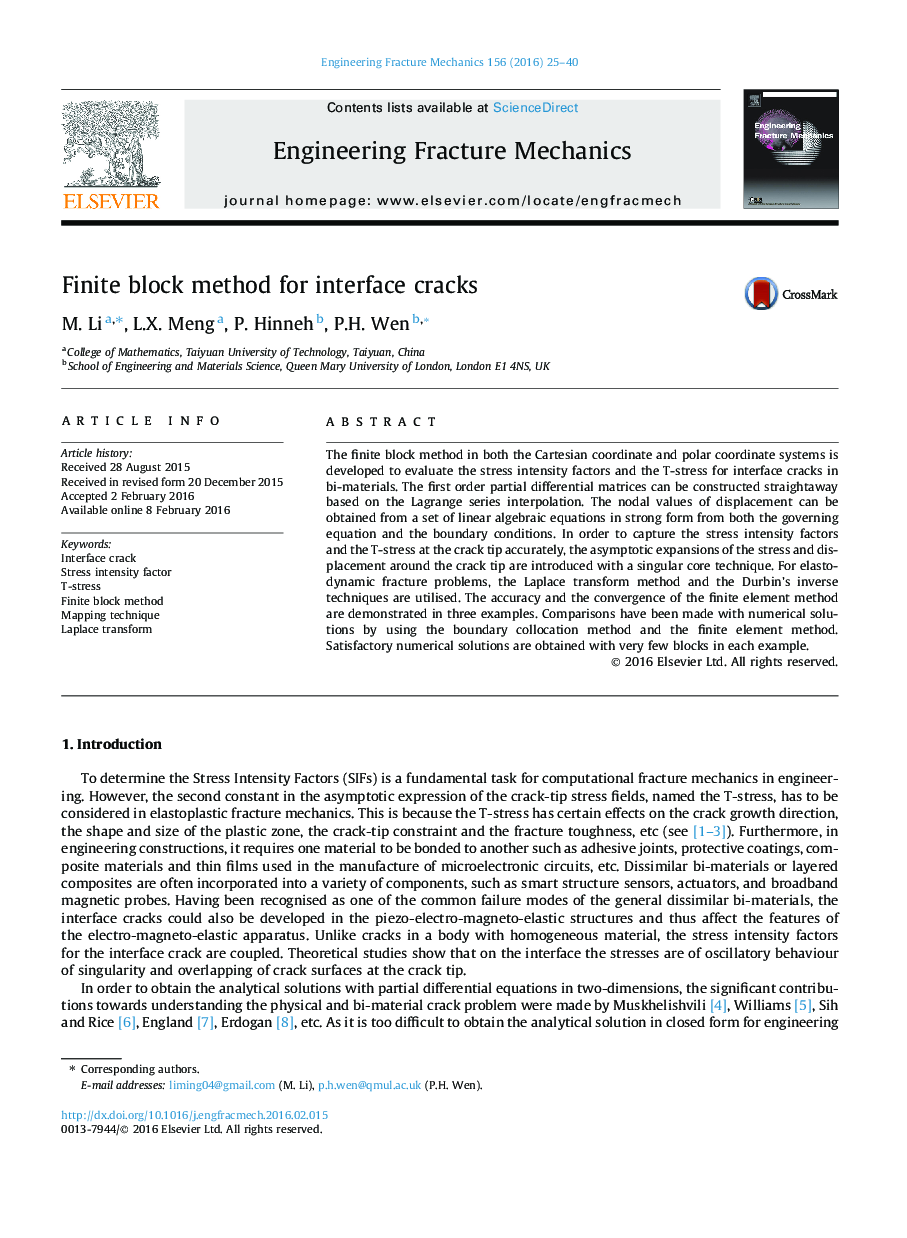 Finite block method for interface cracks