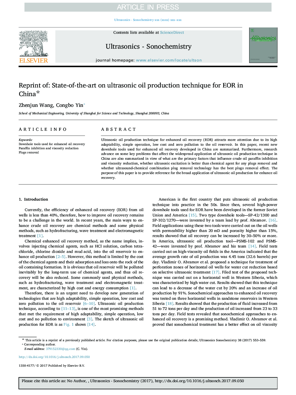 Reprint of: State-of-the-art on ultrasonic oil production technique for EOR in China