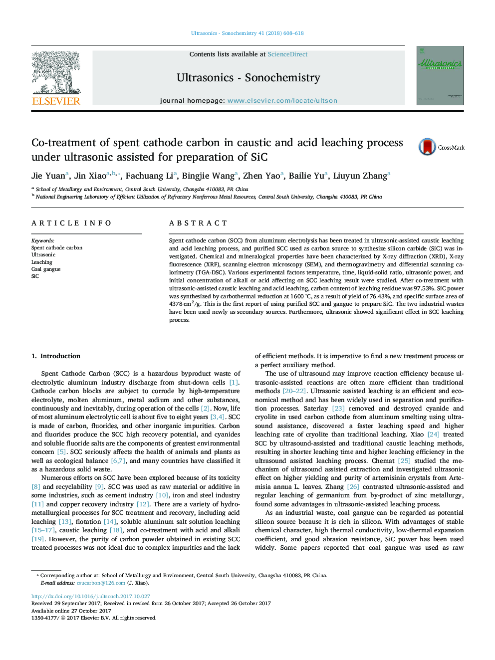 Co-treatment of spent cathode carbon in caustic and acid leaching process under ultrasonic assisted for preparation of SiC