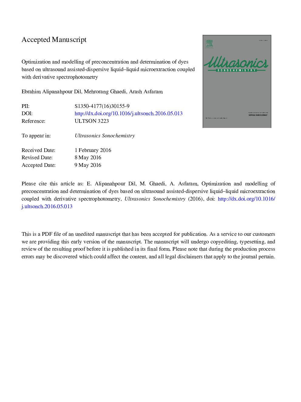 Optimization and modeling of preconcentration and determination of dyes based on ultrasound assisted-dispersive liquid-liquid microextraction coupled with derivative spectrophotometry