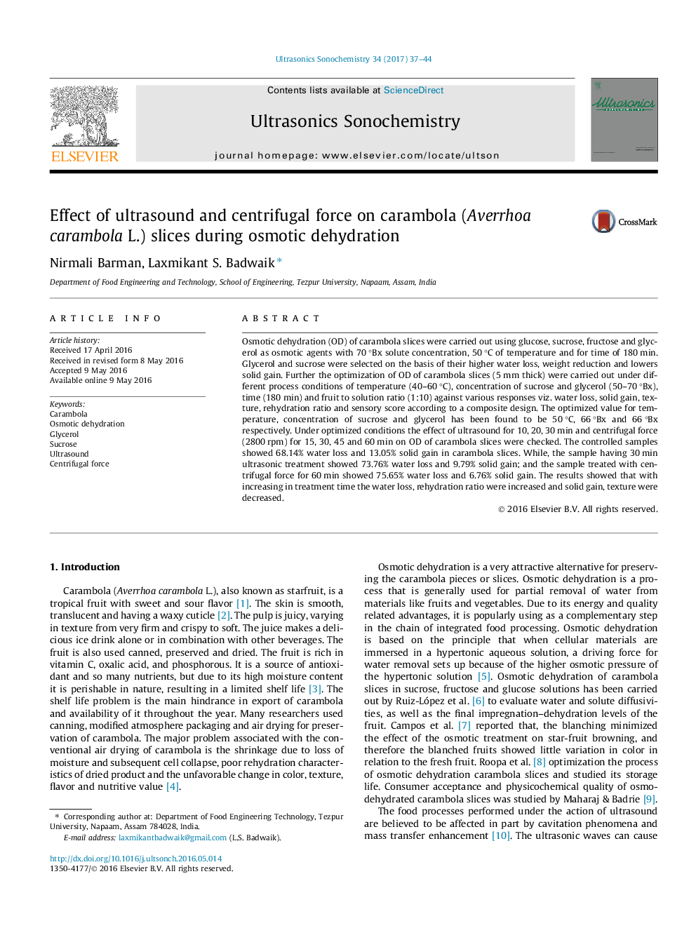 Effect of ultrasound and centrifugal force on carambola (Averrhoa carambola L.) slices during osmotic dehydration