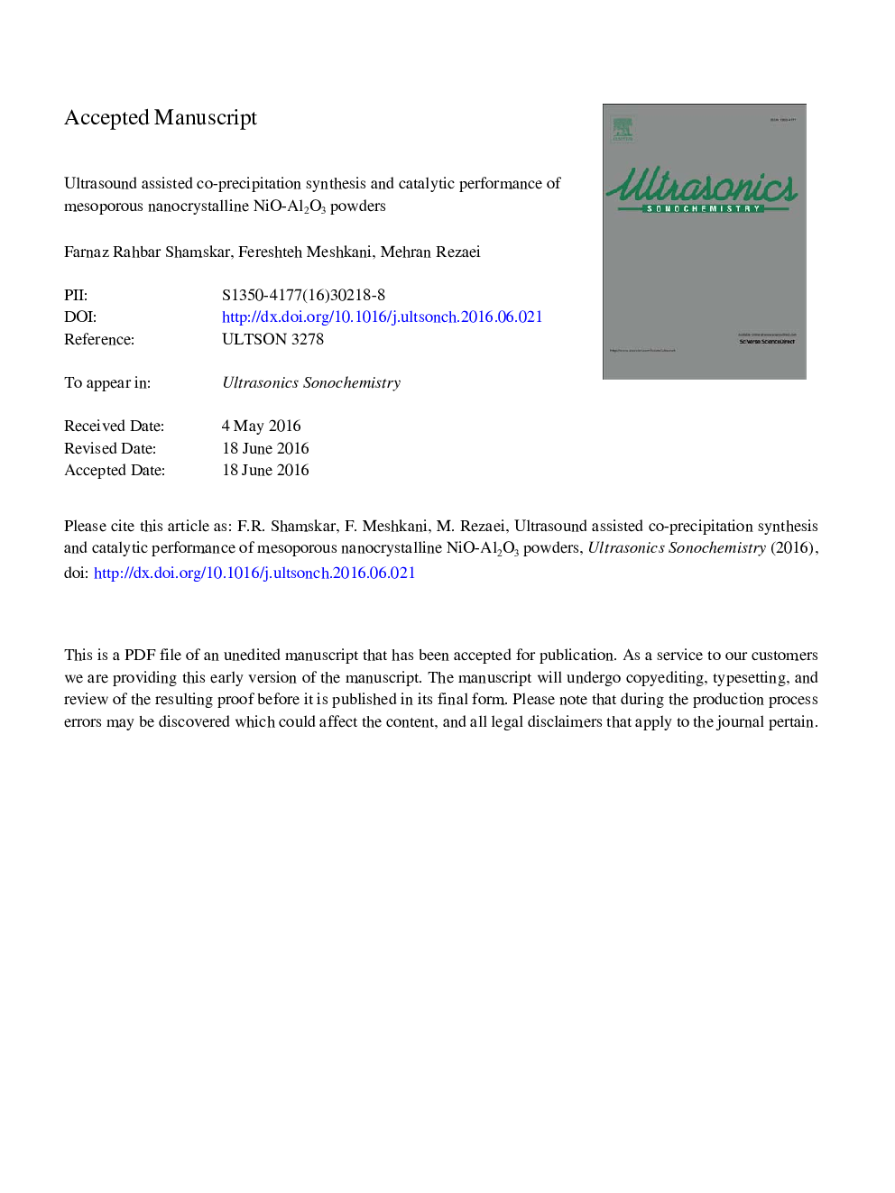 Ultrasound assisted co-precipitation synthesis and catalytic performance of mesoporous nanocrystalline NiO-Al2O3 powders