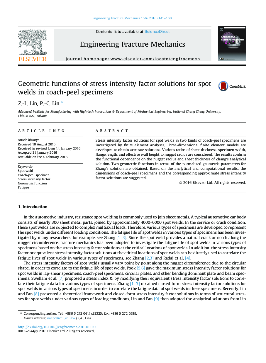 Geometric functions of stress intensity factor solutions for spot welds in coach-peel specimens