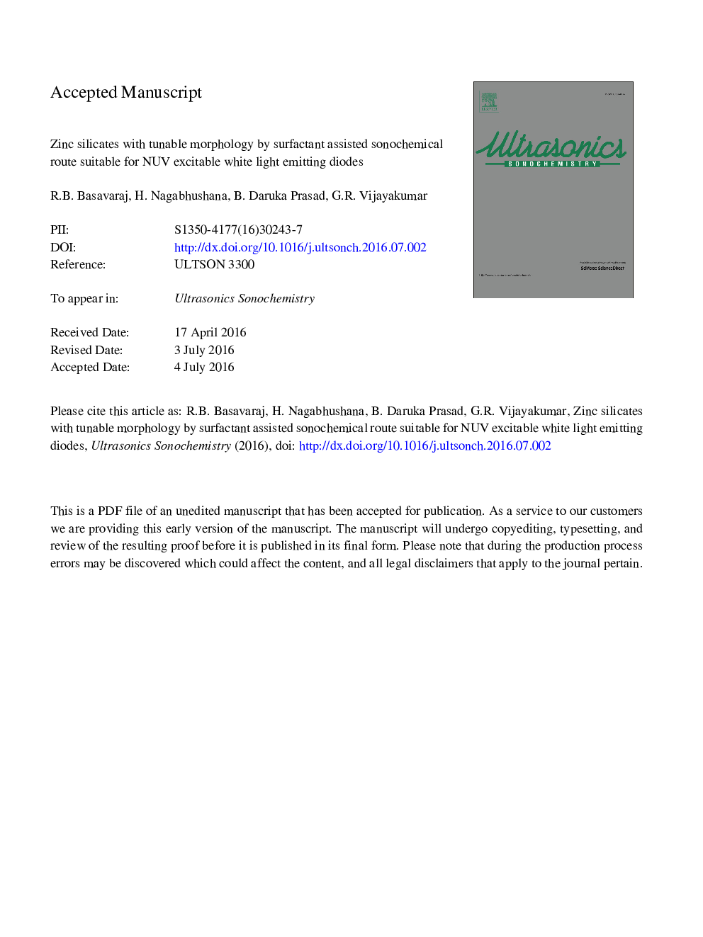 عکس صفحه اول مقاله: Zinc silicates with tunable morphology by surfactant assisted sonochemical route suitable for NUV excitable white light emitting diodes Zinc silicates with tunable morphology by surfactant assisted sonochemical route suitable for NUV excitable white light emitting diodes