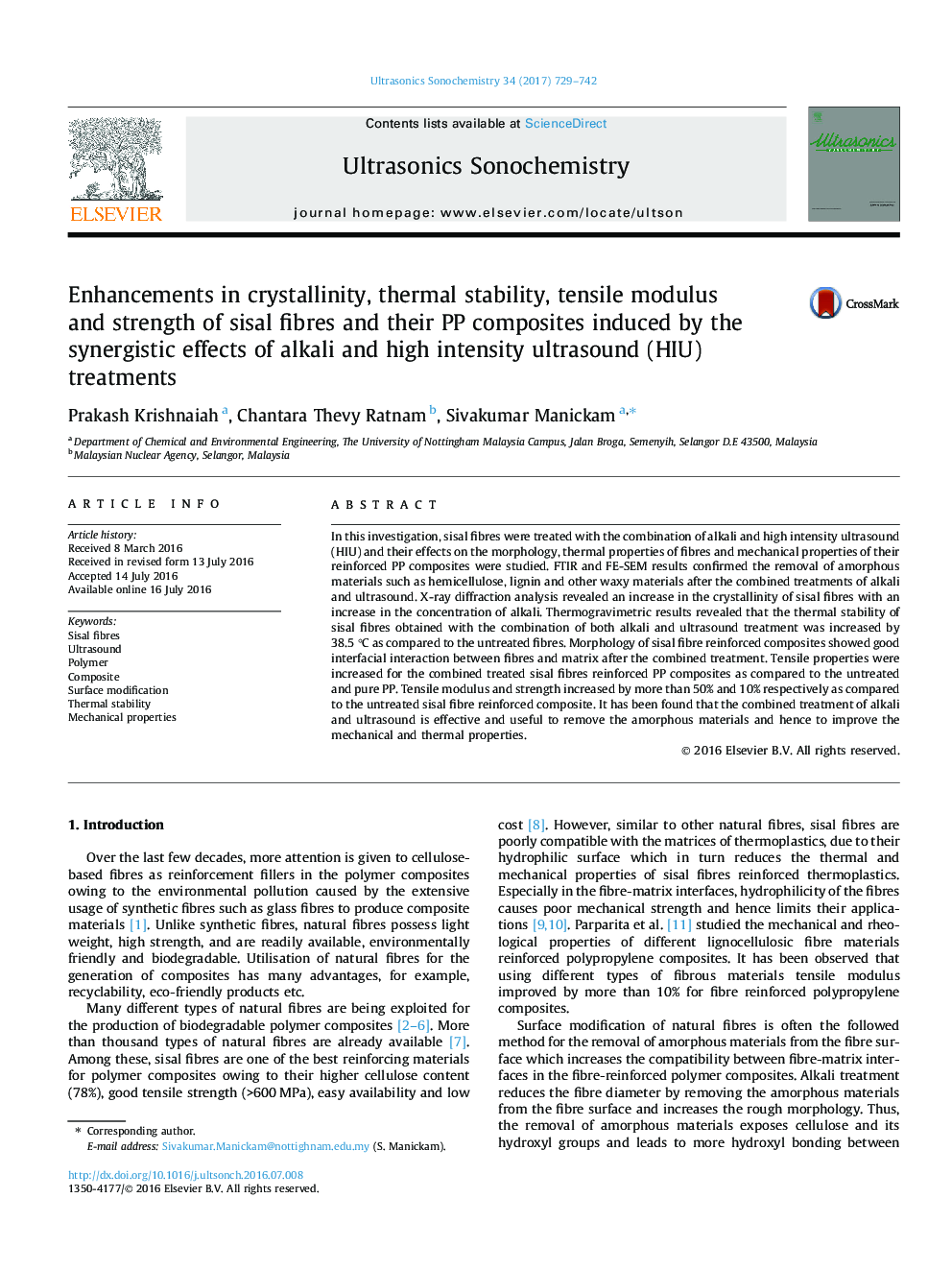 Enhancements in crystallinity, thermal stability, tensile modulus and strength of sisal fibres and their PP composites induced by the synergistic effects of alkali and high intensity ultrasound (HIU) treatments