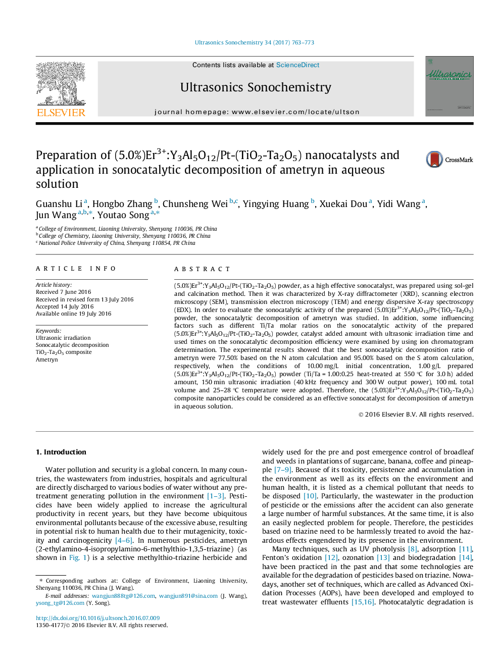 Preparation of (5.0%)Er3+:Y3Al5O12/Pt-(TiO2-Ta2O5) nanocatalysts and application in sonocatalytic decomposition of ametryn in aqueous solution