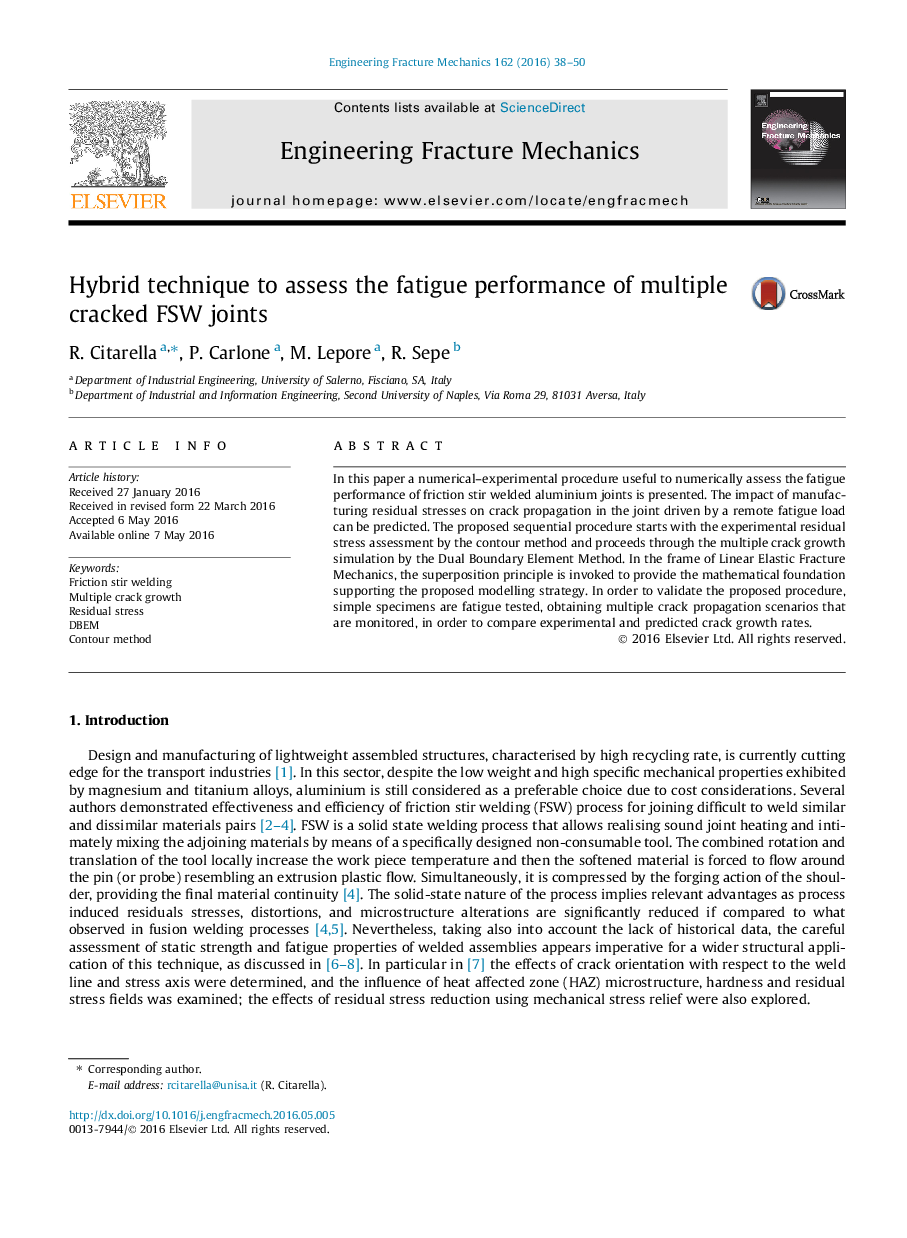 Hybrid technique to assess the fatigue performance of multiple cracked FSW joints