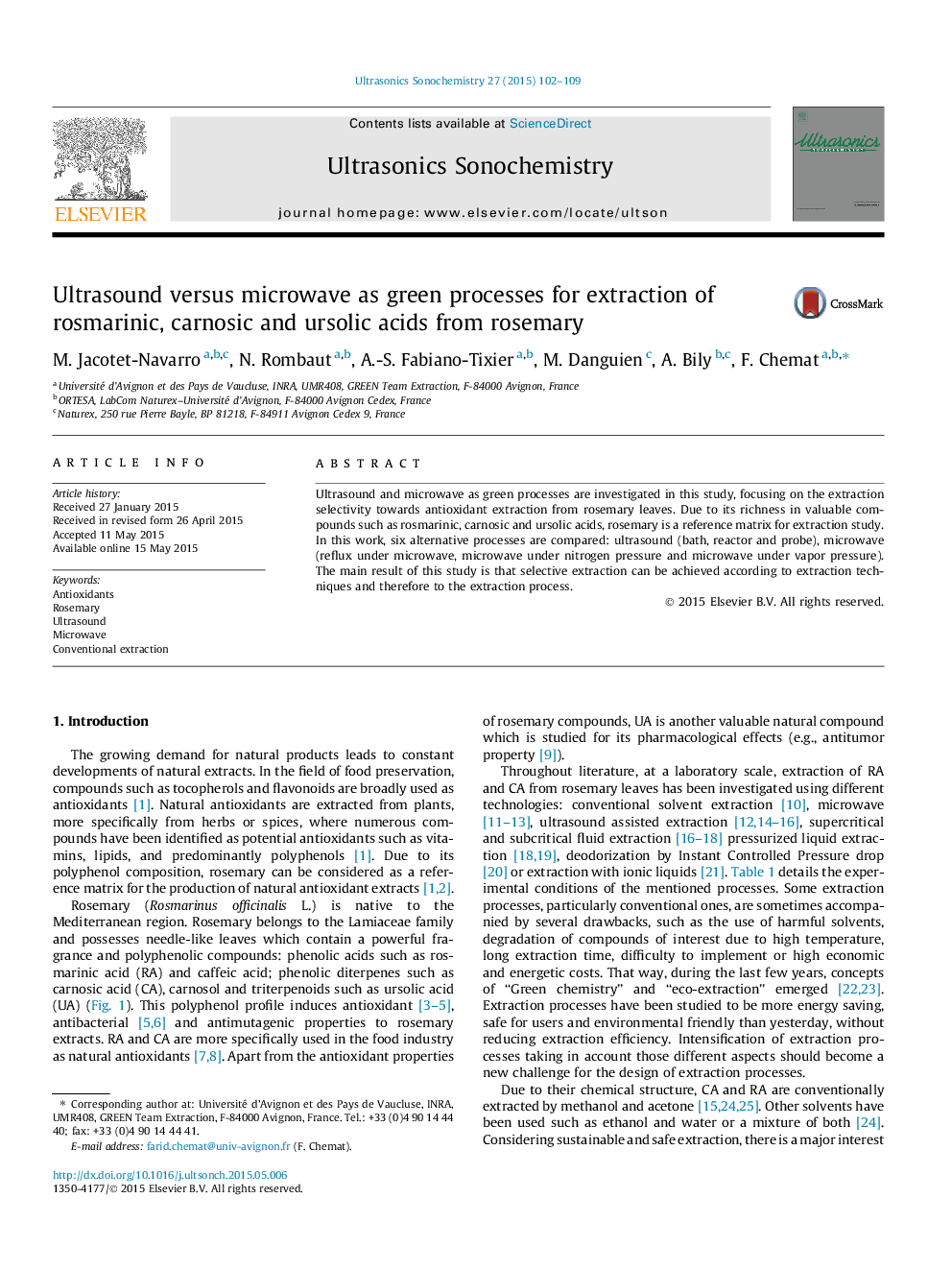 Ultrasound versus microwave as green processes for extraction of rosmarinic, carnosic and ursolic acids from rosemary